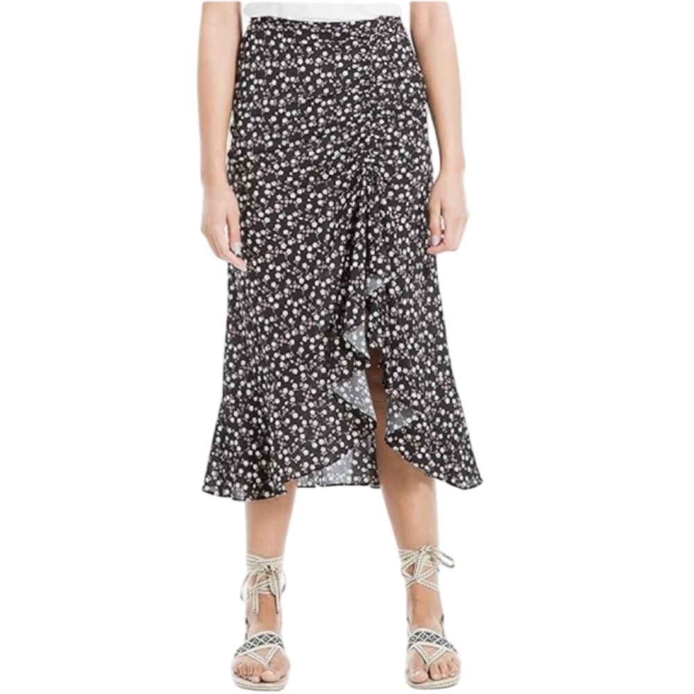 MAX STUDIO NWT Misty Daisy Print Ruffle Ruched Midi Skirt Black Yellow Size S